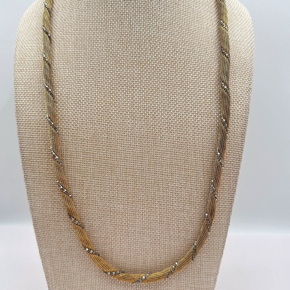Vintage 80s Two Tone Gold Silver Twisted Mesh Rope Chain Necklace Retro Jewelry